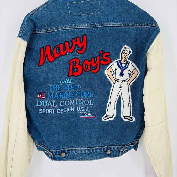 Vintage Dual Control Navy Boys Denim Jacket Small 90’s Leather Marines Embroider - Picture 3 of 9